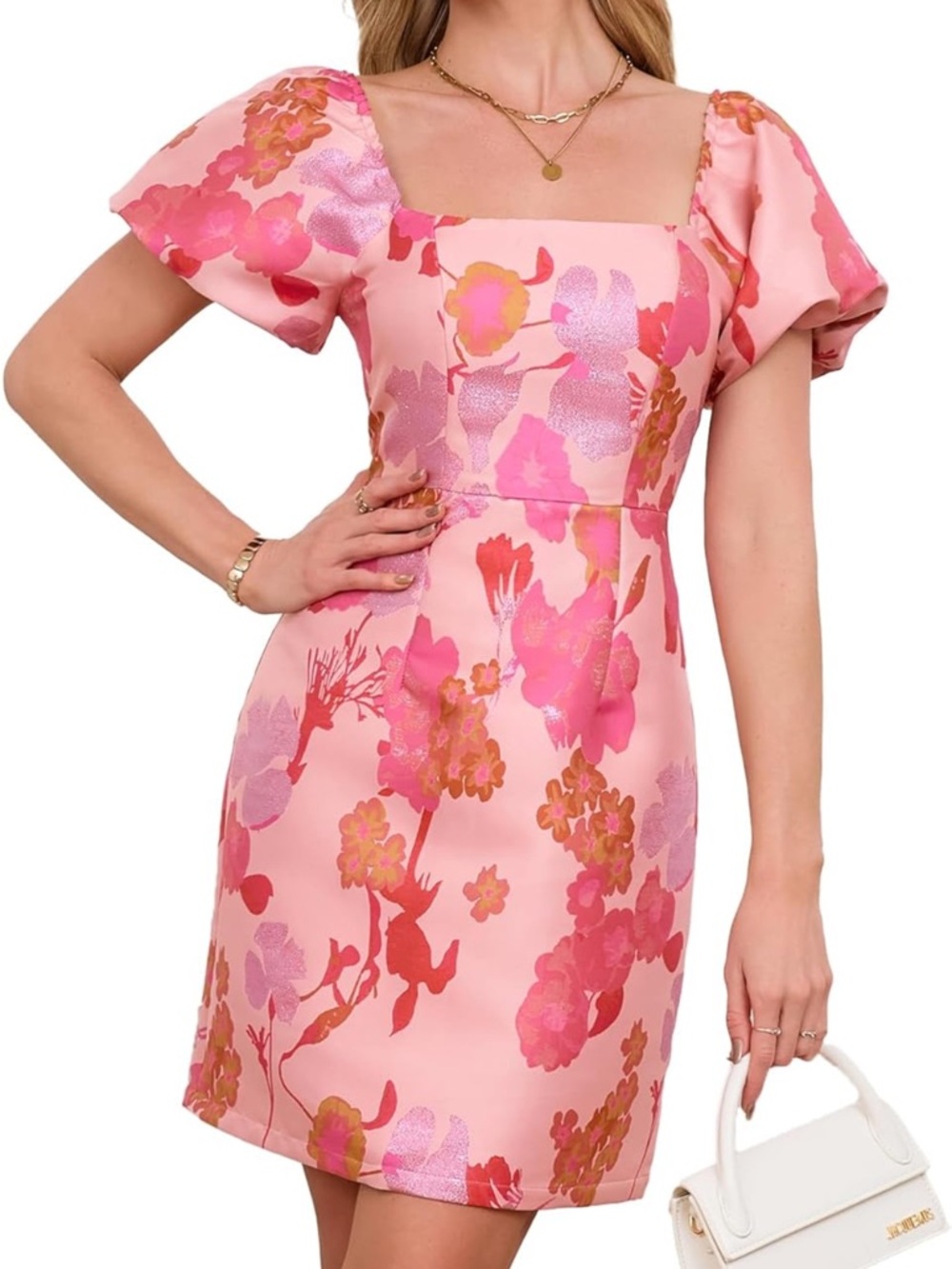 Pink Floral Square-Neck Mini Dress with Puff Sleeves